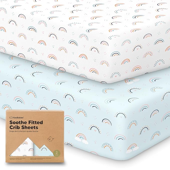 KeaBabies 2-Pack Organic Crib Sheets for Boys, Girls - 52x28 Fitted Crib Mattress Sheet Neutral, Breathable Jersey Cotton Cover for Baby Bed, Toddler Mattress, Soft & Cute Prints (Jolly Rainbow)-CubbioJoy