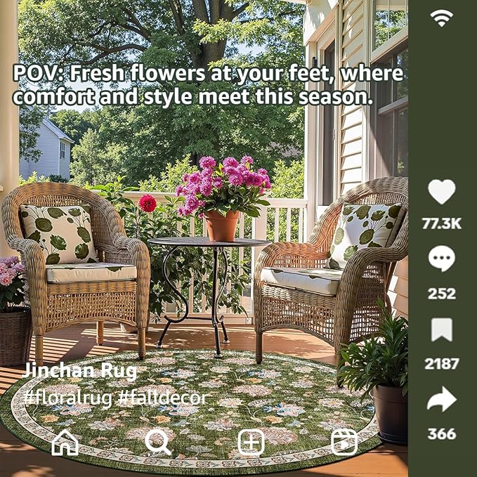 jinchan 8ft Floral Round Rug for Dining Room Washable Living Room Rug Vintage Romance Design Non Slip Indoor Floor Cover Lightweight Low-Profile Throw Carpet for Bedroom Porch Patio, Green-CubbioJoy