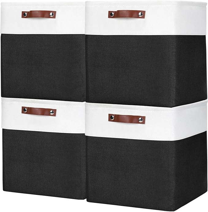 13x13 Cube Storage Bins, Collapsible Fabric Storage Box, 4 Pack Closet Baskets with Handles for Organizing, Shelf, Toys, Clothes, Home, Office, Nursery (Black&White)-CubbioJoy