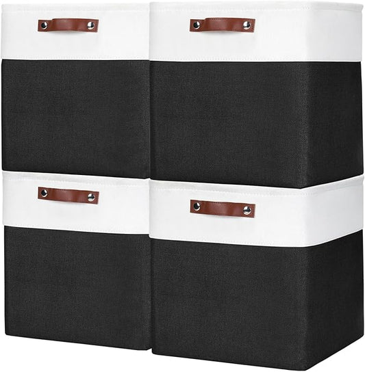 13x13 Cube Storage Bins, Collapsible Fabric Storage Box, 4 Pack Closet Baskets with Handles for Organizing, Shelf, Toys, Clothes, Home, Office, Nursery (Black&White)-CubbioJoy