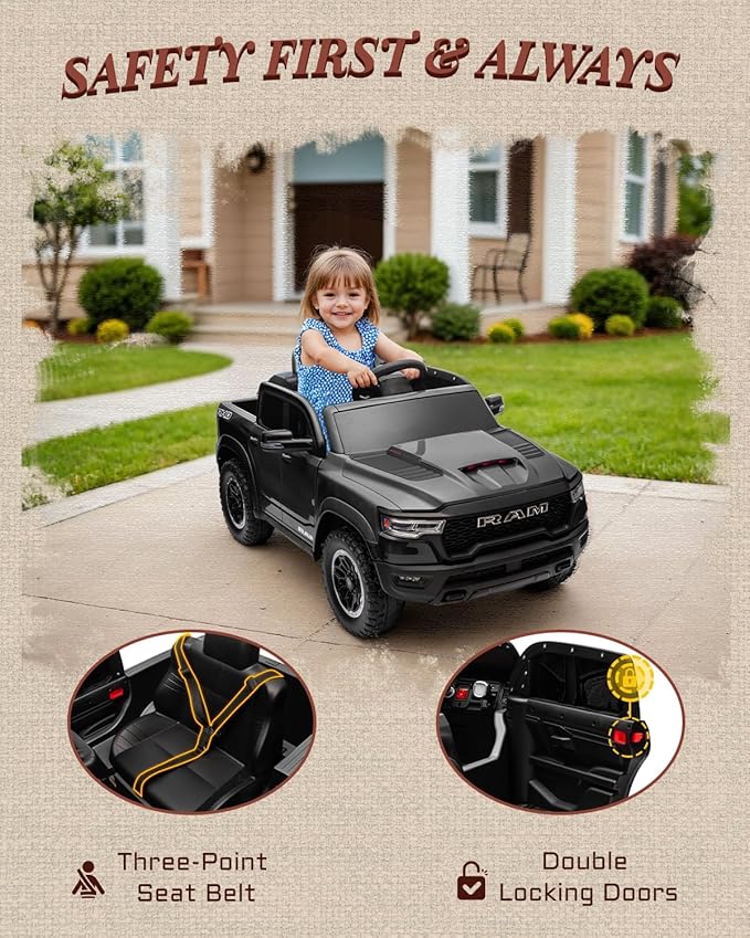 12V Licensed Ram 1500 Ride on Toy for Kids, Toddler Ride on Pickup Truck with Parent Remote Control, Electric Car for Kids with Truck Bed Storage, 3 Point Safety Belt (Black)-CubbioJoy