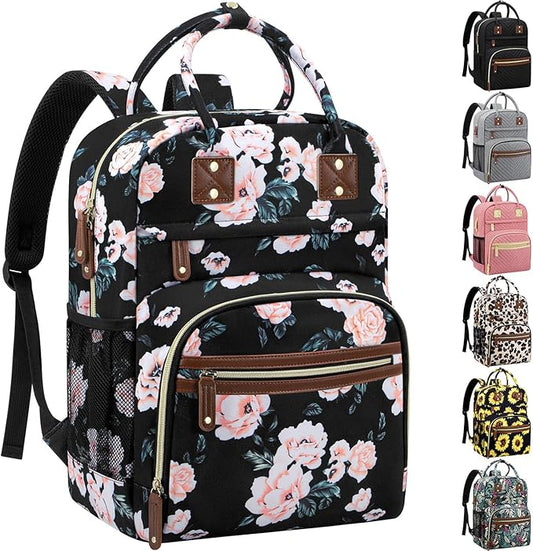 Diaper Bag Backpack Tote for Women Large Capacity with Insulated Pockets Multifunctional Diaper Bags For Baby Girl Boy Waterproof Baby Bags, Maternity Bag Black Pink Floral-CubbioJoy