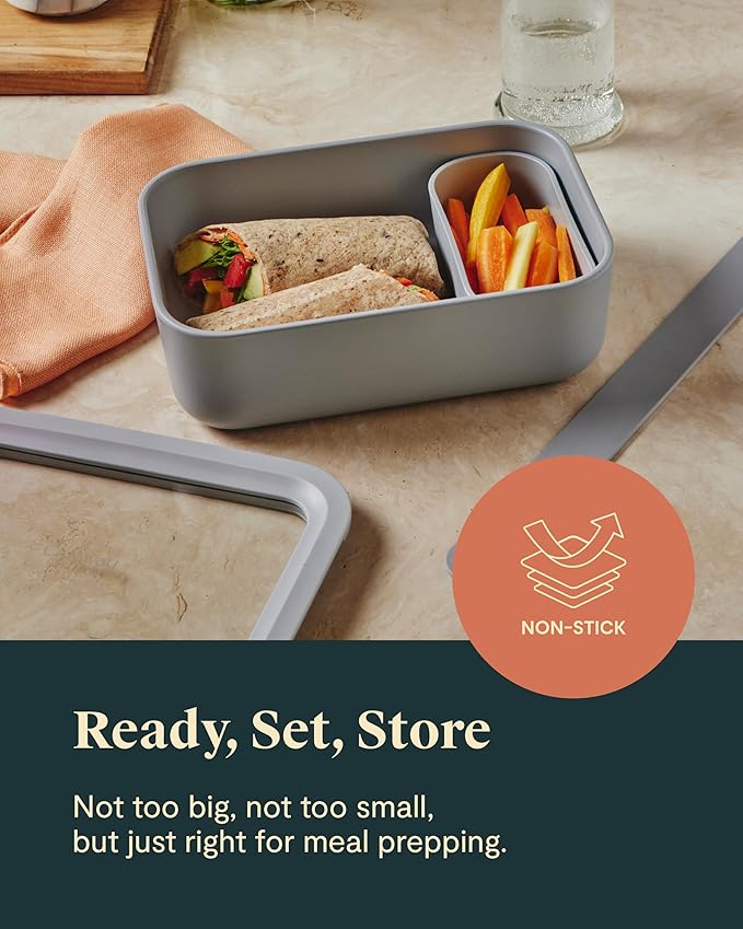 Caraway Glass Food Storage - 6.6 Cup Glass Container - Ceramic Coated Food Container - Non Toxic, Non Stick Lunch Box Container with Glass Lids - Dishwasher, Oven, & Microwave Safe - Mist-CubbioJoy