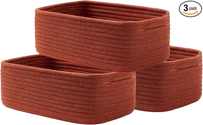 KALLAX Small Woven Basket, 12 x 8 x 4.5 Inches, Storage Basket for Organizing, Cute Small Rope Shelf Closet Cube Storage Bins Baskets for Shelves, Dog Toy Gift Baskets Empty, 3 Pack Rust Red-CubbioJoy
