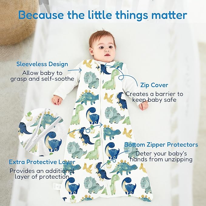 TotAha Cute Dinos Sleep Sack 6-12 Months 3 Pack, Buttery Soft Swaddle Transition Wearable Blanket Baby Sleeping Bag, 0.5 TOG-CubbioJoy