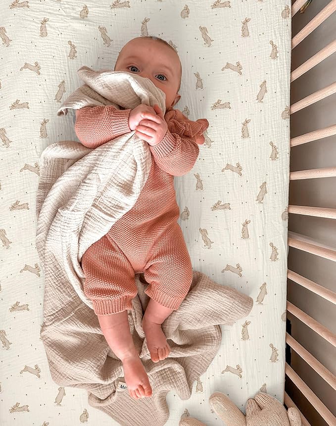 Bassinet Sheet for Baby Boy and Girl 2 Pack, Fitted Sheets for Rectangle, Oval, Hourglass Bassinet Mattress, Muslin Moses Basket Sheets with Neutral Style (Hopping Bunnies & Beige)-CubbioJoy