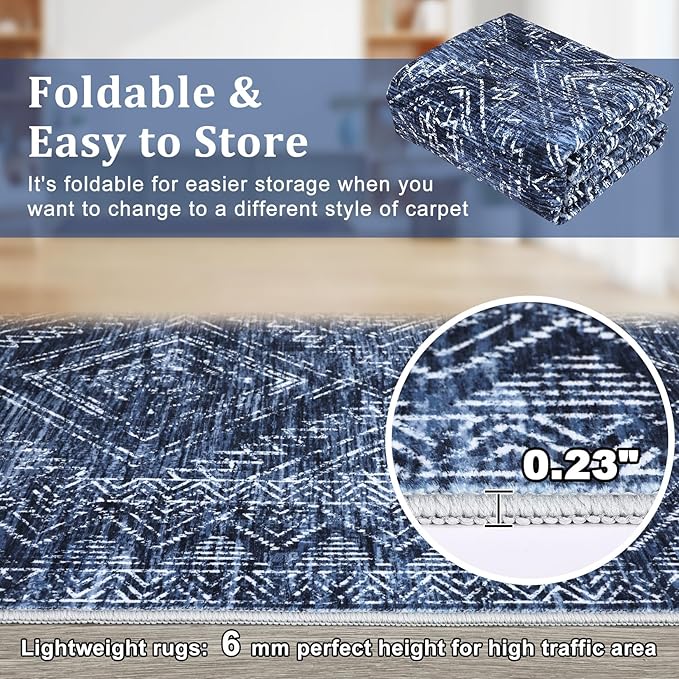 COZYLOOM Washable Runner Rug 2x6 Vintage Non Slip Low Pile Rug Soft Throw Floor Cover Geometric Tribal Foldable Indoor Carpet for Living Room Bedroom Playroom Nursery, Blue-CubbioJoy
