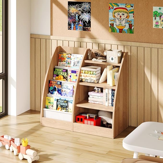 4 Tier Kids Bookshelf,4 Layer Sling Kids Book Shelf for Kids Rooms,Wood Children Bookcase,Baby Storage Book Rack,Toddler Bookshelf, Book and Toy Organizer,Book Display Shelf for Bedroom, Nursery-CubbioJoy