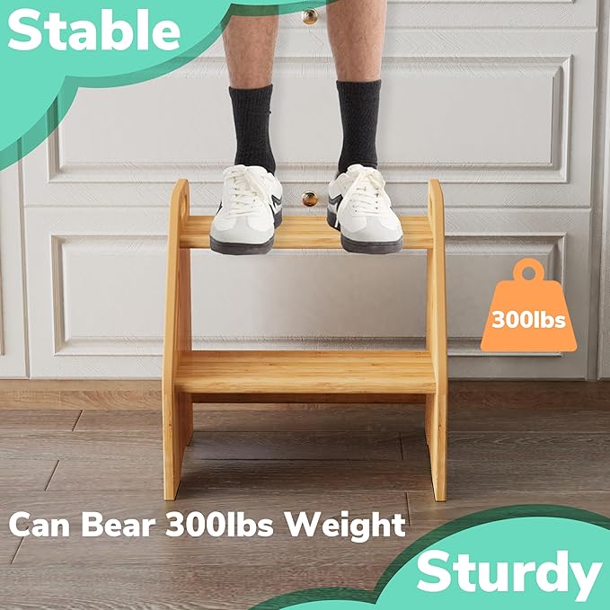 AMBIRD Wooden Step Stool, 15.75'' H Potty Training Toddler 300 lbs Capacity with Safety Non-Slip Pads and Handles, Kitchen Step Stools for Kids, Bamboo Step Stool for Bathroom, High Beds (Natural)-CubbioJoy