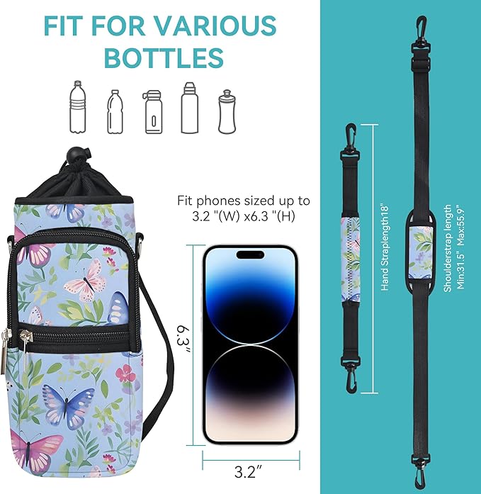 25/32/40/64oz Water Bottle Bag Holder Carrier-Insulated Crossbody Sling Case Sleeve with Strap & Pockets for Men Women Gym Cycling Travel Walking Hiking Camping-CubbioJoy