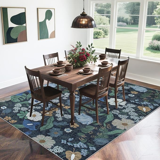 Area Rug Living Room Rugs: 5x7 Washable Rug Vintage Floral Soft Boho Non Slip Carpet Indoor Floor Non Shedding Low Pile Thin Carpets for Bedroom Dining Room Farmhouse Nursery Home Office Blue-CubbioJoy