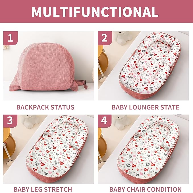 Baby Lounger, Foldable Infant Nest Pillow with Soft Memory Foam Mat, Cover with Adorable Pattern, Converts to Backpack for Easy Travel, 0-12 Months, Pink-CubbioJoy