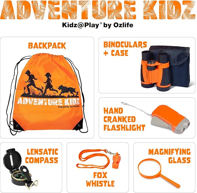 Adventure Kidz Outdoor Exploration Kit, Children’s Binoculars, Flashlight, Compass, Fox Whistle, Magnifying Glass, Backpack. Great Gift Set for STEM, Pretend Play, Ages 3+ Boys Girls-CubbioJoy