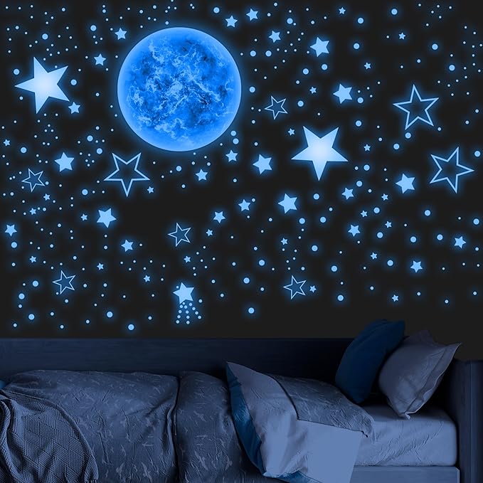 965 PCS Glow in The Dark Stars and Sun for Ceiling, Luminous Stars and Planet Wall Decals, Kids Room Decor, Glowing Galaxy Wall Stickers for Nursery Decorations (Blue)-CubbioJoy