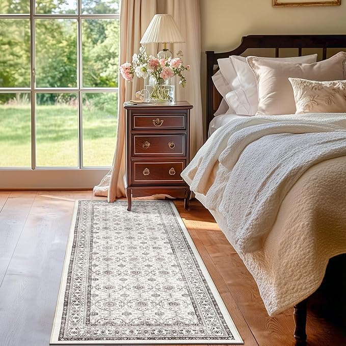jinchan Runner Rug 2x6 - Machine Washable Beige Vintage Floral Distressed Design Soft Non-Slip Low-Pile Ultra-Thin Runner Rug for Kitchen Hallway Laundry Room Entryway Farmhouse (2‘x6',Beige)-CubbioJoy