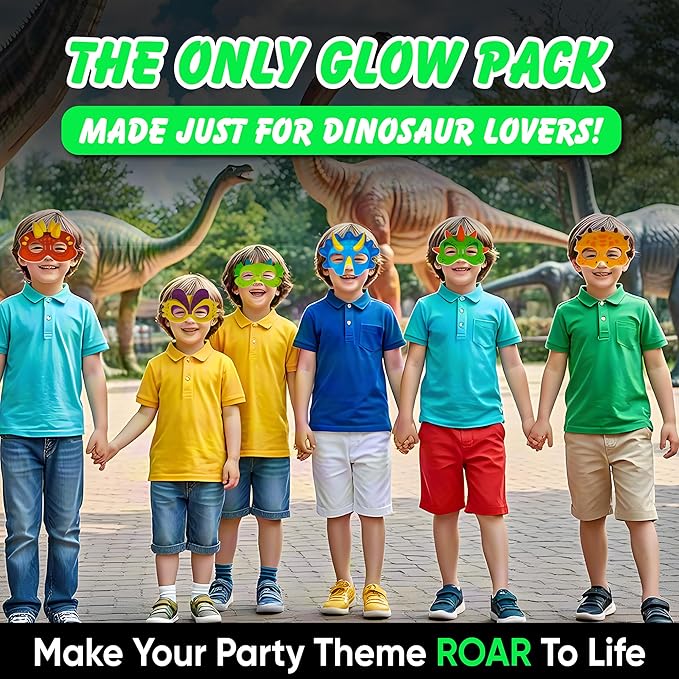 Dinosaur Party Favors Pack – Glow in the Dark Party Supplies | 6 Dinosaur Masks, 6 Bracelets, 6 Necklaces, 6 Wands, 42 Dino Glow Sticks & 80 Stickers | Birthday Classroom Halloween Trick or Treat-CubbioJoy