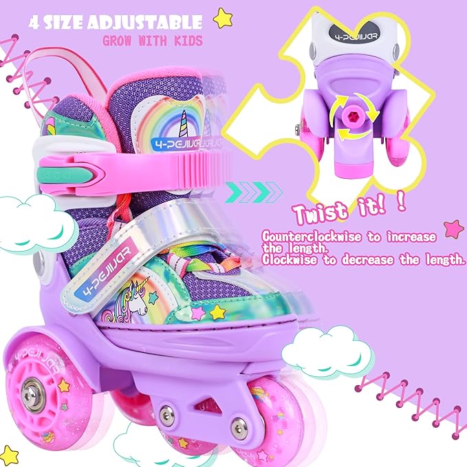 4-Pejiijar Rainbow Unicorn Kids Roller Skates for Girls Toddler Ages 2-4 5-8 8-12,Adjustable Roller Shoes with Luminous Wheels for Birthday Xmas Gifts-CubbioJoy