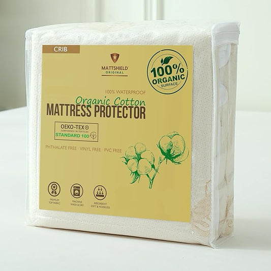Crib Organic Mattress Protector Pad - Certified Organic Cotton Waterproof Breathable Mattress Pad Cover - 250 GSM Comfort - Deep Pocket - Fitted Comfort-CubbioJoy