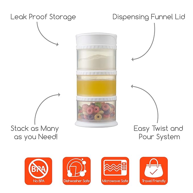 Innobaby Packin' Smart Stackable and Portable Storage System for Formula, Liquid, Baby Snacks and More. 3 Stackable Cups in White. BPA Free.-CubbioJoy
