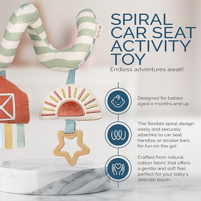 Itzy Ritzy Spiral Car Seat & Stroller Activity Toy - Stroller & Car Seat Toys for Ages 0 Months and Up - Hanging Toys Include Dangling Ring, Mirror and Textured Ribbons (Farm)-CubbioJoy