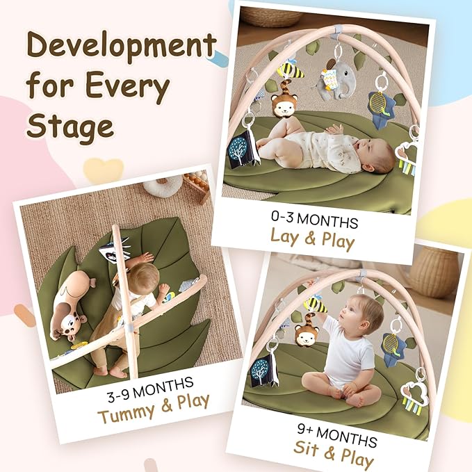 Infant Activity Center for Newborn to Develop Motor Cognition Leaves Leaf-Shaped Baby Play Gym & Activity Mat Extra Large Tummy Time Mat with 8 Detachable Toys-CubbioJoy