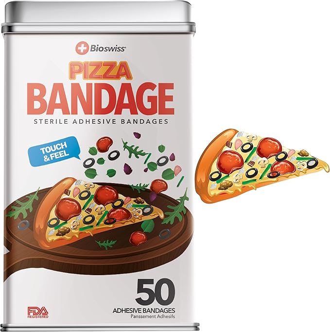 BioSwiss Bandages, Pizza Shaped Self Adhesive Bandage, Latex Free Sterile Wound Care, Fun First Aid Kit Supplies for Kids, 50 Count-CubbioJoy