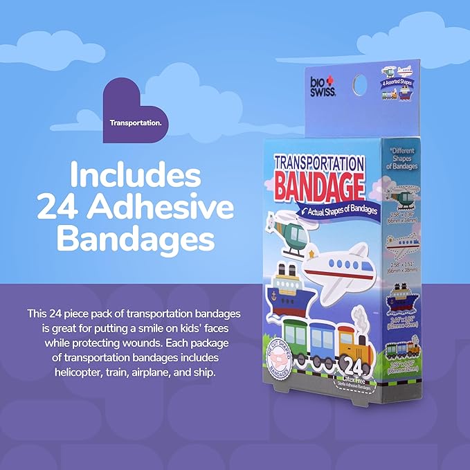 BioSwiss Bandages, Transportation Shaped Self Adhesive Bandage, Latex Free Sterile Wound Care, Fun First Aid Kit Supplies for Kids and Adults, 24 Count-CubbioJoy