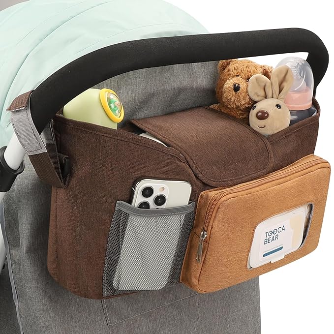 Accmor Universal Stroller Organizer with Insulated Cup Holder, Stroller Caddy Bag Accessories, Stroller Cup Holder Organizer for Uppababy Baby Jogger Britax Stroller, Brown-CubbioJoy