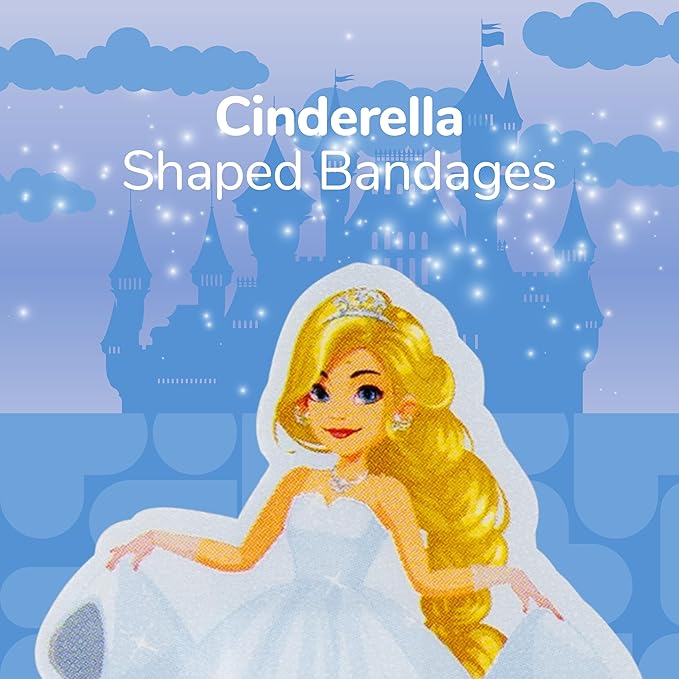 BioSwiss Bandages, Princess Cinderella Shaped Self Adhesive Bandage, Latex Free Sterile Wound Care, Fun First Aid Kit Supplies for Kids and Adults, 50 Count-CubbioJoy