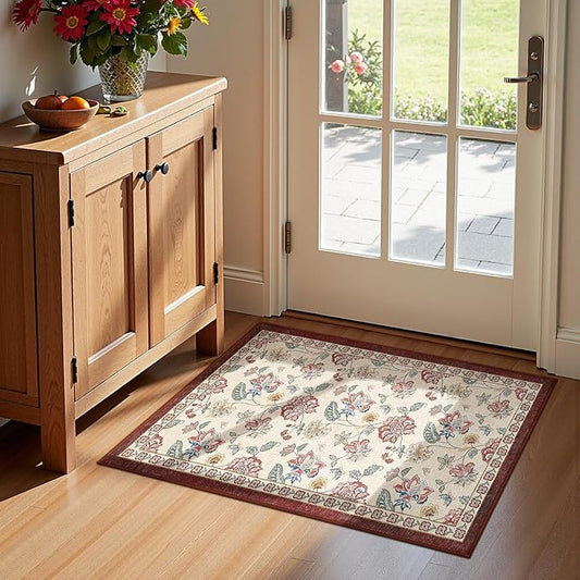 jinchan 2x3 Floral Rug for Entryway Washable Kitchen Rug Vintage Romance Design Small Mat Non Slip Indoor Doormat Lightweight Low-Profile Throw Carpet for Entrance Bathroom Laundry Room, Red/Beige-CubbioJoy