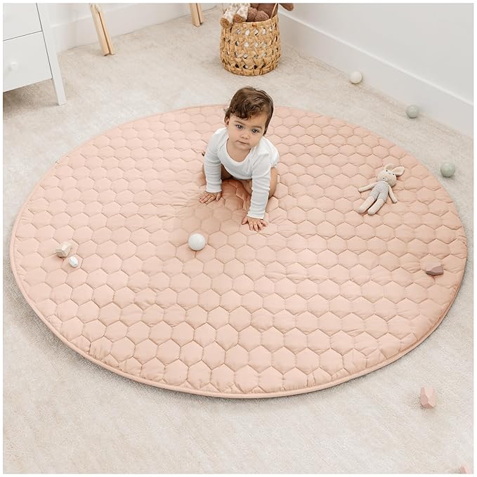 Comfy Cubs Round Kids Play Mat - Large 60 inches Soft Quilted Baby Floor Mat with Non-Slip Bottom - Plush Design for Toddlers' Playtime and Relaxation - Comfortable and Durable - Blush-CubbioJoy
