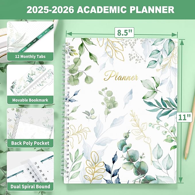 SUNEE Academic Planner 2025-2026 Weekly and Monthly, July 2025-June 2026, 8.5"x11", Tabs, Note Pages, Pockets, Bookmark, Flexible Cover, Spiral Binding, Greenery-CubbioJoy