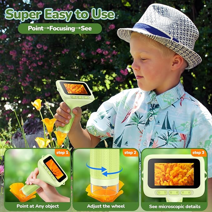 3.0" Screen Digital Microscope for Kids: 1000X Rechargeable Mini Pocket Portable Miniscope Magnifying Glass 4K Coin Jewelry Loupe Edu Science STEM Toy Xmas Gift 4-12 Boys Girls-CubbioJoy