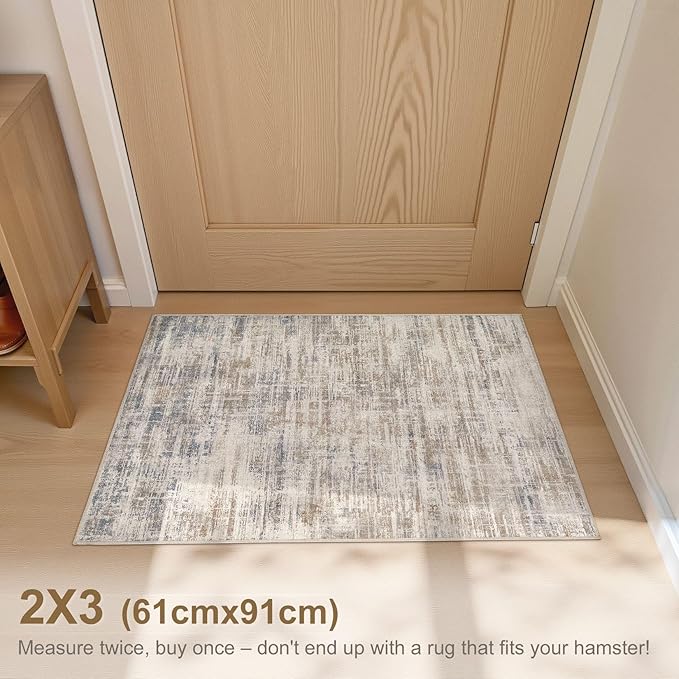 2x3 Entryway Area Rugs: Washable Neutral Abstract Small Rug Door Mat Non-Slip Soft Low Pile Indoor Carpe for Entrance Kitchen Front Door Bathroom Entry Kids Room - Brown-CubbioJoy