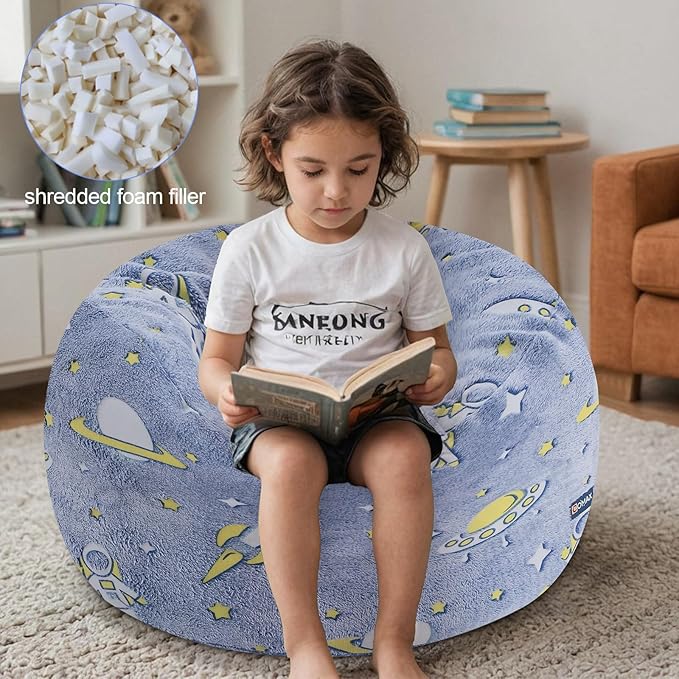 COMAX Kids Bean Bag Chair Turn into Beanbag Bed, Toddler Bean Chair for Girl Boy Sleeping, Lazy Children Bean Bags with Filler, Convertible Child Floor Mattress, Blue Universe-CubbioJoy