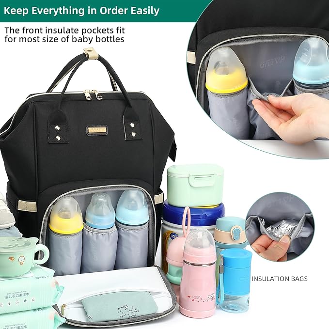 Diaper Bag Backpack, Diaper Bags for Baby Girls Boys, Baby Bags for Moms Dads, Nappy Changing Bag with Insulated Pockets,Multi-functional Waterproof Backpack with Stroller straps-Black-CubbioJoy