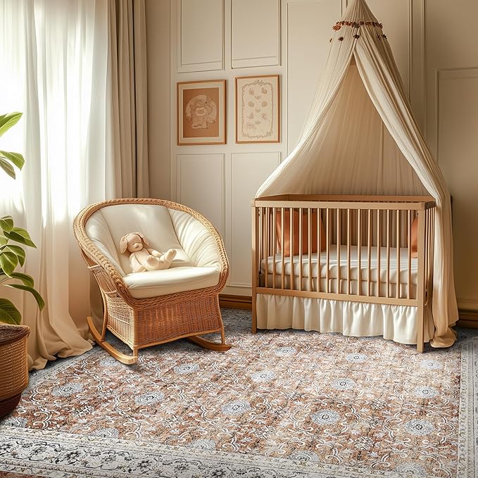 jinchan Floral 5x7 Area Rugs for Bedroom - Machine Washable Vintage Distressed Boho Design Throw Rug Stain Resistant Carpet Low-Pile Thin Non-Slip for Nursery Living Room Dining Room (5‘x7',Orange)-CubbioJoy