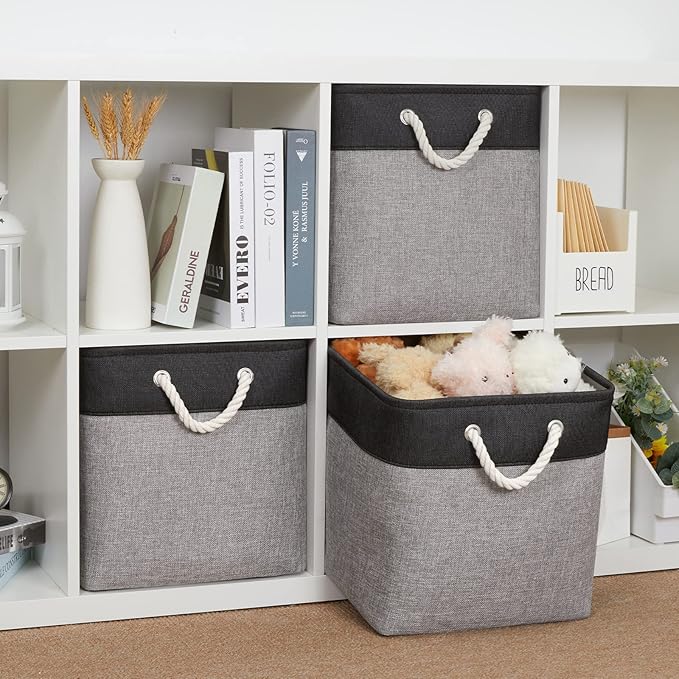 Bidtakay Fabric Cube Storage Bins for Organizing 13x13 Large Storage Baskets Decorative Storage Bins for Home Storage Set of 3 Shelf Organizer Bins for Toy Storage (Black&grey)-CubbioJoy