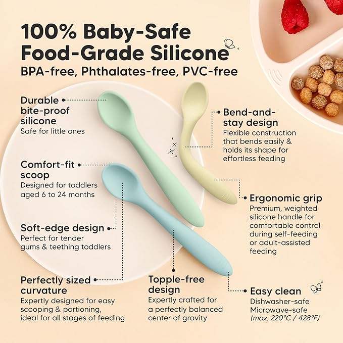 KeaBabies Silicone Baby Spoons, Self Feeding 6-12 months - 3-Pack Baby Weaning Eating Utensils,Toddler First Food Training Spoon,Infant,Kids Feeding Supplies Essential Set,Dishwasher-safe (Pastel Sky)-CubbioJoy