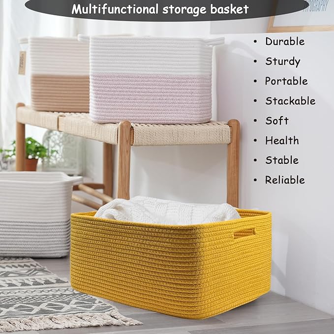 COMFY-HOMI Cotton Rope Woven Basket with Handles for Shelves,Toys,Book, Cloth Storage Baskets for Organizing-17" x 13" x 7.5" Toy Decorative Organizer for Living Room, Bathroom （Yellow）-CubbioJoy