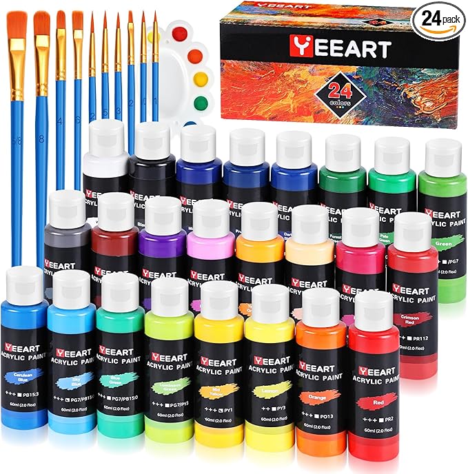 24 Colors Acrylic Paint Set, 2oz Bottles Classic Color, Rich Pigmented Canvas Paint Set, Premium Non-toxic Acrylic Paint for Artists, Kids & Adults, Art Supplies for Canvas Painting Rocks Wood Ceramic Model with 10 Brushes & Palette-CubbioJoy