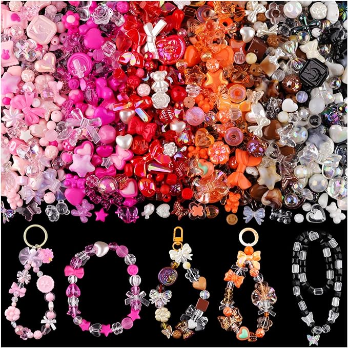 Assorted 260-320PCS Acrylic Beads for Bracelet Making, Flower Bow Butterfly Candy GummyBear Kawaii Aesthetic Beads,Cute Bead for Jewelry Making DIY Necklace Keychain Phone Charms(6 Colors)-CubbioJoy