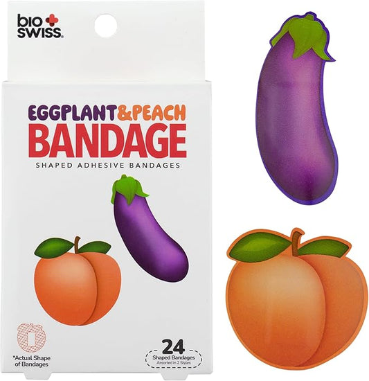 BioSwiss Bandages, Eggplant and Peach Shaped Adult Self Adhesive Bandage, Latex Free Sterile Wound Care, Funny First Aid Kit Supplies for Adults, 24 Count-CubbioJoy
