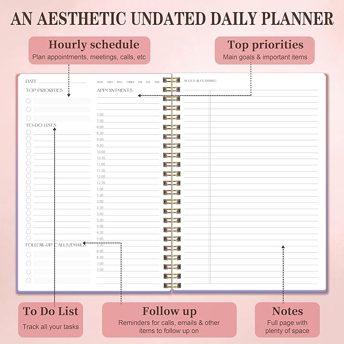 Cute Daily Planner Undated & To Do List Notebook for Work: With Hourly Schedule, 80 days Day on a Page Planner for Life Tasks - Day & Hour Agenda, Organizer Journal For Women or Men-CubbioJoy