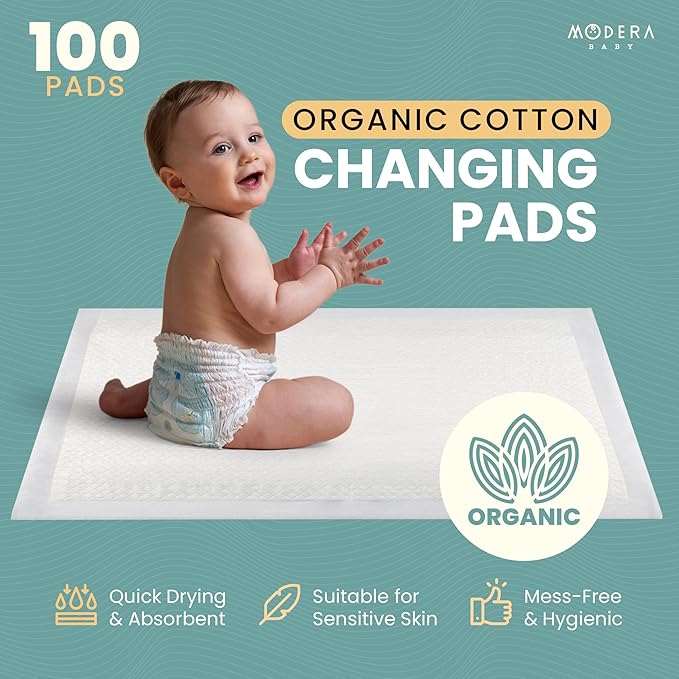 Organic Cotton Disposable Changing Pad Liners | Large 18x24 Hypoallergenic Ultra Absorbent & Waterproof Super Soft, Quilted Underpads for Baby Diaper Table & Travel, Leak Proof & Mess Free [100-Pack]-CubbioJoy