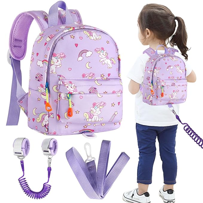 Accmor Toddler Backpack Leash with Anti Lost Wrist Link, Cute Mini Child Walking Harnesses Keep Kids Close Back Pack Rope Tether Rein for Baby Boys (Purple/Unicorn)-CubbioJoy