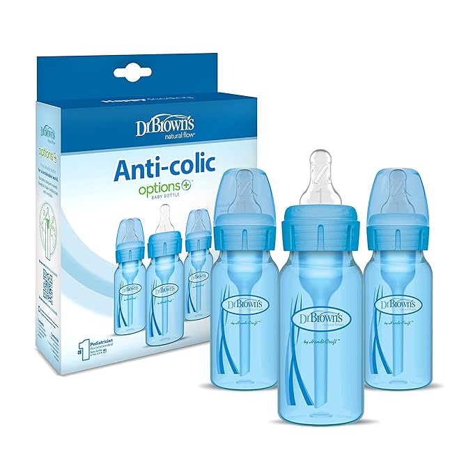 Dr. Brown’s Natural Flow® Anti-Colic Options+™ Narrow Baby Bottles 4 oz/120 mL, with Level 1 Slow Flow Nipple, 3 Pack, 0m+ Blue-CubbioJoy