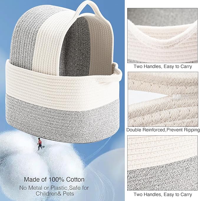 Cotton Rope Woven Storage Basket, Used for Baby Hamper Toy Organizer, Gift Baskets Empty,Kids Laundry Basket,Baby Blanket Basket. Size 15x10x8.7 Inches. (White&Grey-3PCS)-CubbioJoy