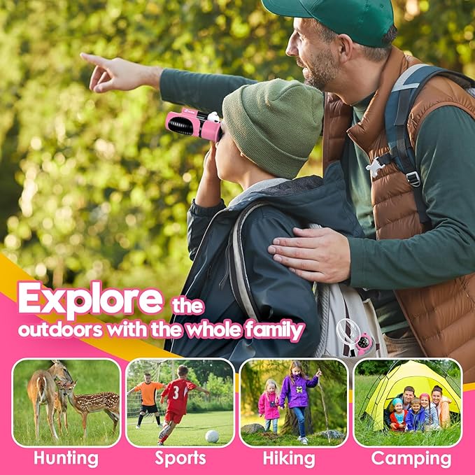 Binoculars for Kids, Toys for 3-12 Year Old Girls and Boys, Bird Watching Hiking Outdoor Learning Toy with Magnifying Glass &Compass, Birthday Easter Gifts Toys for Boy Kid Ages 3-6 (Pink)-CubbioJoy