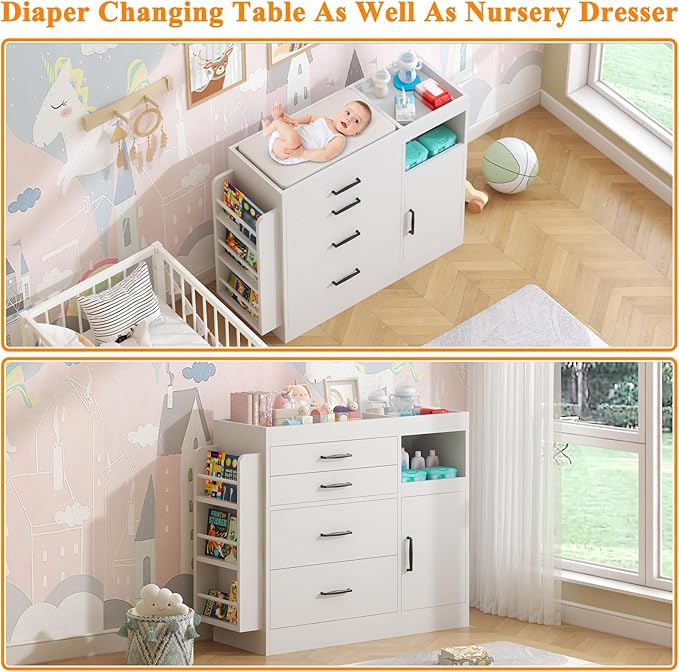 Bigbiglife Changing Table Dresser, Baby Nursery Dresser with 4 Drawers & 1 Cabinet & 3 Open Shelves Storage, Modern Diaper Changing Station for Children's Room, Changing Pad Included, White-CubbioJoy